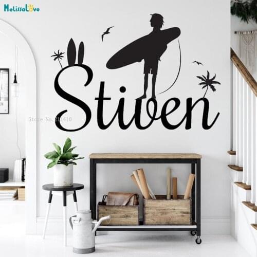 Surf Custom Sea Palm Shark Gift Sea Wall Decals Boy Surfing Sports Surfboard Waves Removable Vinyl Decor YT3782