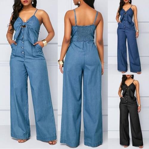Women Denim Jumpsuits and Rompers Sexy Spaghetti Straps Jeans Wide Leg Playsuits Ladies Casual Bandage V-neck Jumpsuits