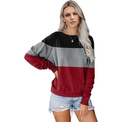 2020 HOTSALE Gray Red Raglan Sleeve Color Block Pullover Patchwork Pullovers Women Tops O Neck Fall Casual Women Sweatshirt