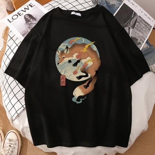 Cartoon Fire Fox Japanese Printing T-Shirt Men Summer Casual Men Clothing Retro Short Sleeve T Shirts Pattern Vintage Sportswear