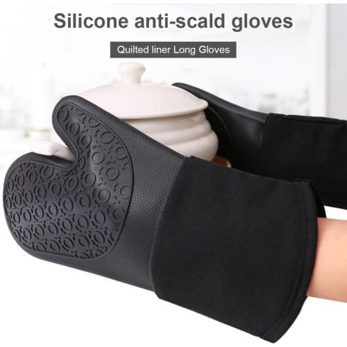 HEYI Non-Slip Silicone Oven Mitt Waterproof Heat Resistant Kitchen Gloves Long Cotton Oven Gloves for Barbecue Cooking Baking