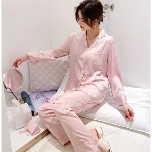 Spring Autumn Womens 2PCS Pajamas Suit Sweet Heart Print Pink Home Wear Satin Full Sleeve Pant Sleepwear Casual Loose Nightwear