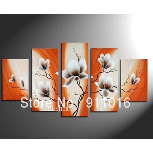 Hand Painted Abstract Lotus Group Oil Paintings for Wall Decor 5pcs/set Peach Blossom Painting on Canvas Purple Butterfly Orchid