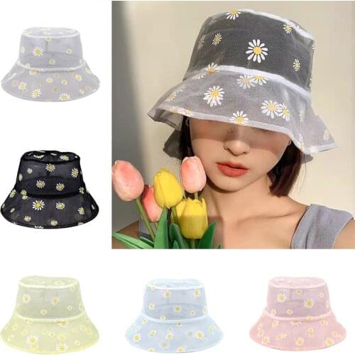 Daisies Flower Sun Hats For Women Summer Mesh Buckets Hat Transparent Panama Daisy Flower Beach Hats Fisherman Cap 2020 Fashion