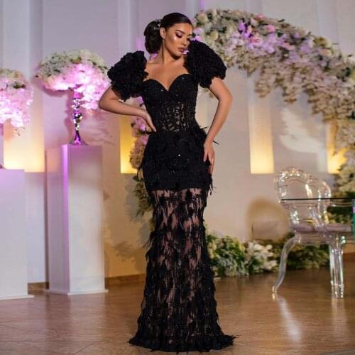 Sexy Black Floor Length Evening Dress See Thru Tulle Applique A-Line Sweetheart Party Dress Dubai Muslim Prom Dress Custom Made