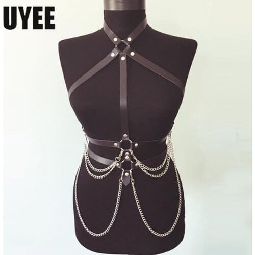 UYEE PU Leather Body Harness Chain Belt Bra To Waist Bondage Gothic Lingerie Sexy Suspenders Neck Straps Pole Dance Garter Belts