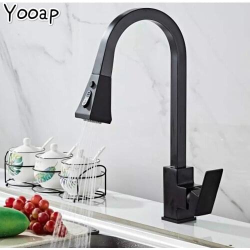 Yooap Kitchen Faucets Square Black Single Handle Pull Out Kitchen Tap Single Hole Swivel 360 Degree Rotation Water Mixer Tap