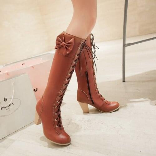 Autumn and winter lace up high boots lace up Martin boots thick heels bow women boots candy color 40-43 large boots