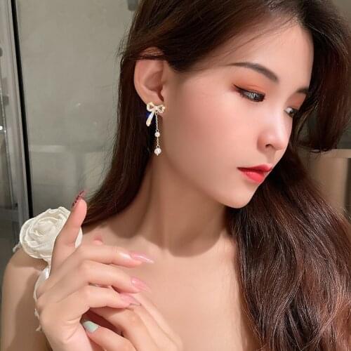 925 silver temperament sweet lovely wind bow Pearl Earrings exquisite fashion womens long boutique gifts