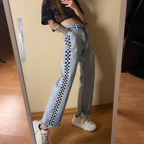 B-TOTO American Retro Mosaic Raw Edge Jeans Womens Trendy Ins Design Straight Leg Pants 2021 New Fashion
