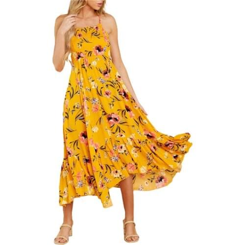 Women Summer Loose Dress Adults Sexy Sleeveless Flower Print Boat Neck Cross Halter Backless A-Line Maxi Dresses Beach Party