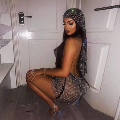Sexy Sequin Mini Dresses Sleeveless Halter Bodycon Birthday Party Club Dress For Women Crystal Shining Vestid Rhinestone Outfits