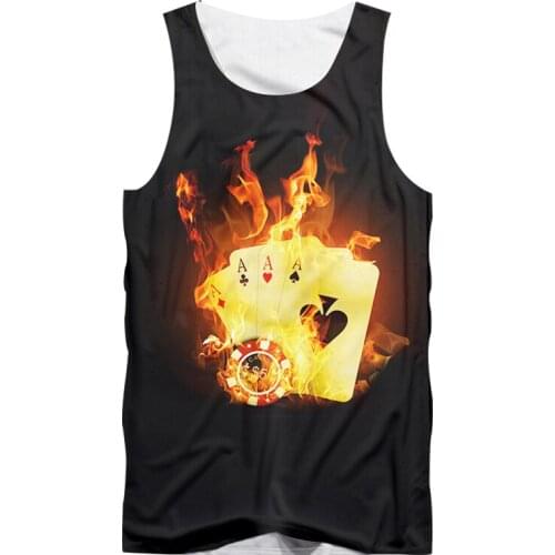 Mens summer sleeveless vest funny flame poker 3D printing hot bodybuilding vest unisex casual street sports vest