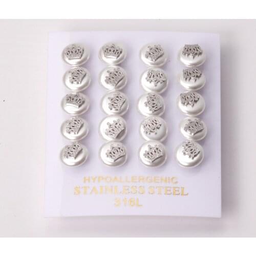 10 Pairs Crown Fake Pearl Earrings Stainless Steel Anti-allergy Small Ear Studs Set Gold Silver Color Women/Girl Jewelry Gift