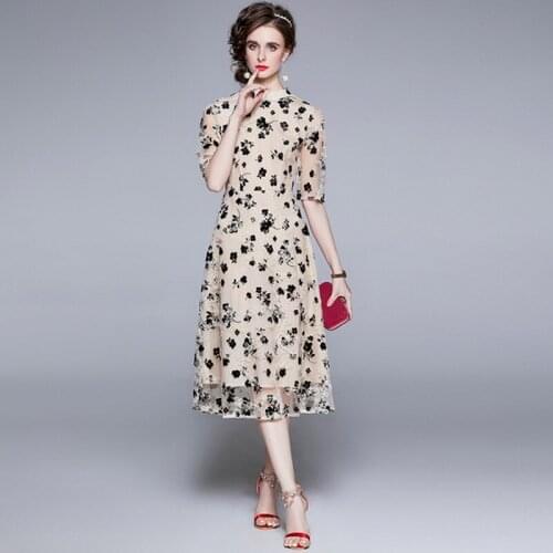 2021 Summer Women Elegant See Through Mesh Flower Embroidery Stitching Lace Trims High Waist Sweet Bow Party Long Dresses