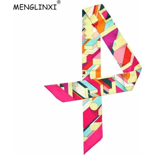 2020 New Geometric Plaid Print Small Silk Scarf Women Fashion Head Scarf Luxury Brand Small Long Scarves For Bags Ribbons Scarf