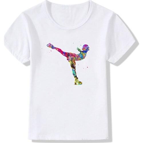 Watercolor ice skating girl print design kids t shirt cute summer tops girls clothes white DIY custom tshirt children t-shirts