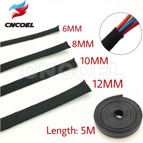 5M Black Insulated Braid Sleeving 6/8/10/12mm high quality PET Wire Cable Protection Expandable Cable Sleeve Wire Gland
