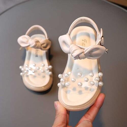 Kids Beading Sandals Girls Princess Shoes Summer Flat Heel Bowknot Sandal 2021 Child Non-slip Outside Beach Shoe 26-36 Beige