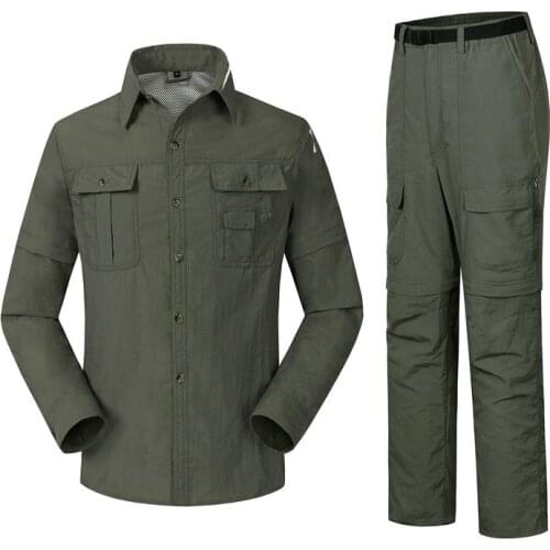 Mens Quick-Drying Shirts or Pants Removable Sleeve or Legs Summer Breathable Shirt Tooling Pockets Working Uniform Male TS-071