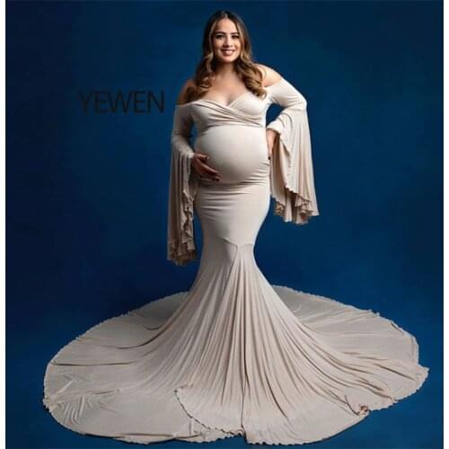 Strech Fabric V Neck Long Sleeves Mermaid Style Maternity Gown For Photo Shoot Babyshower Custom Color