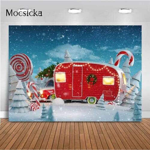 Winter Snow World Photography Backdrop Red Candy Car Christmas Holiday Photo Booth Background Studio Photocall Children Kids