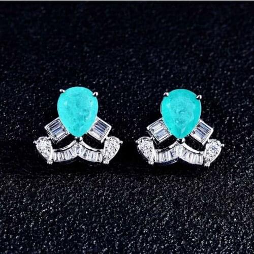 Delicate Luxury Crown Stud Earrings Charm Paraiba Stone Water Drop Zircon Elegant Jewelry Womens Wedding Engagement Accessories