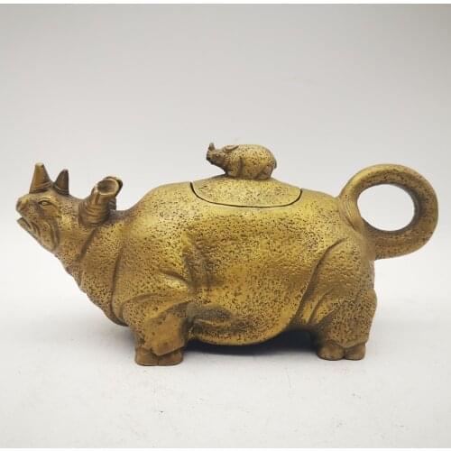 Chinese Brass Hand Made Carved Rhinoceros statue Teapot Qianlong Mark Copper