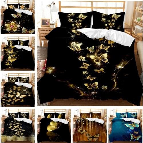 Golden Butterfly 3D Print Comforter Bedding Set Animal Cartoon Scenery Queen Twin Single Size Duvet Cover Set Pillowcase Luxury