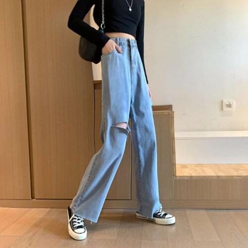 Baggy Pants with Pockets Jean Women Streetwear Long Casual Loose High Waist Thin Blue