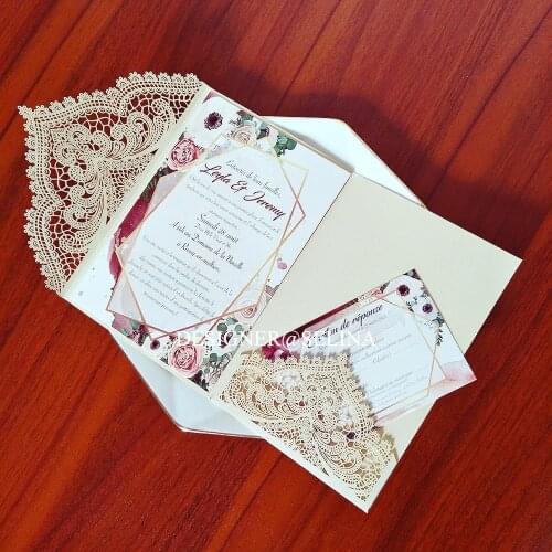 Sample Beige Burgundy Pink Rose Gold Glitter Wedding Card With Blank Insert and Ivory Matt Envelope DIY Gift Cards