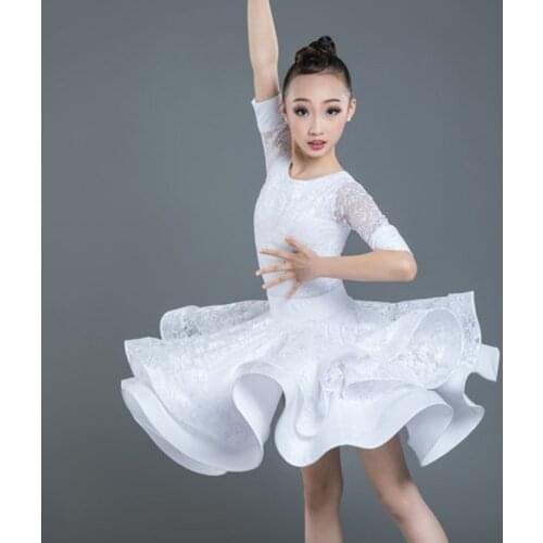 Latin Dance Dress Girls Lace Mid Sleeve Bodysuit Skirts Tango Rumba Cha Cha Samba Salsa Kids Costumes Practice Dancewear DN3900