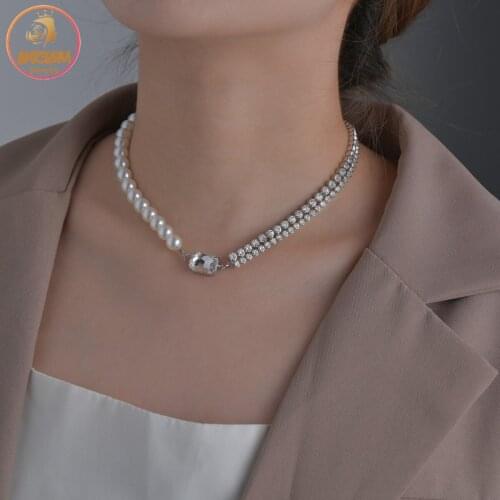 Akizoom Simple Transparent Diamon White Pearl Rhinestone Claw Chain Necklace for Women Stainless Steel Unisex Wrist Jewelry Gift