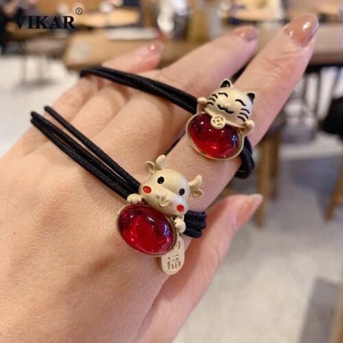 New Women Sweet Cat Cow Elastic Hair Bands Women Cute Crystal Ponytail Organza Scrunchie Hair Ropes Hair Accessories Headwear