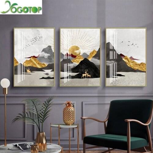 Nordic Abstract Geometric Mountain Landscape Diy 5d Diamond Painting mosaic Diamond Embroidery 3 piece Golden Sun Deers ML1384