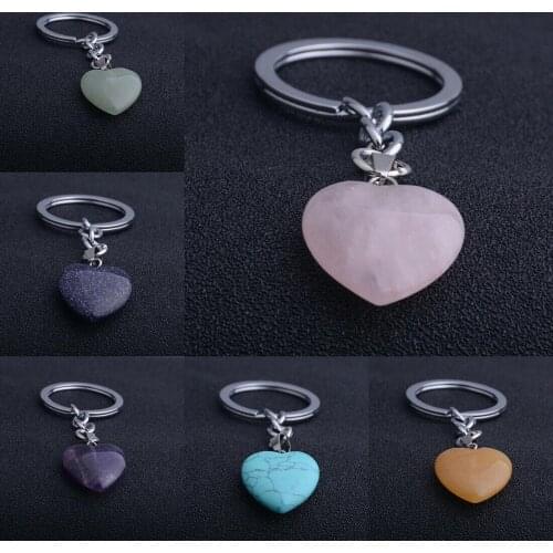 Heart-Shaped Natural Crystal Stone Keychain Reiki Healing Keyring Key Chain Stone Pendant Jewelry Gifts