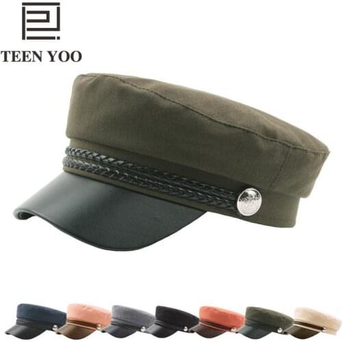 High Qulity Ladies Military Cap Cotton Linen PU Leather Eave Cords Buttons Casquette Marine Student Outdoor Navy Cap Army Berets