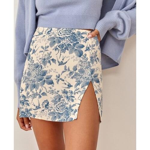 Skirts Womens 2021 High Waist Side Slit Sexy Mini Skirts Vintage Floral Print Skirt Summer Women Clothes Back Zipper Short Skirt