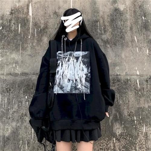 Womens Long-sleeved Hoodies Autumn/winter 2021 New Korean Version Ins Dark Printing Loose Plus Velvet Thick Hooded Jacket Trend