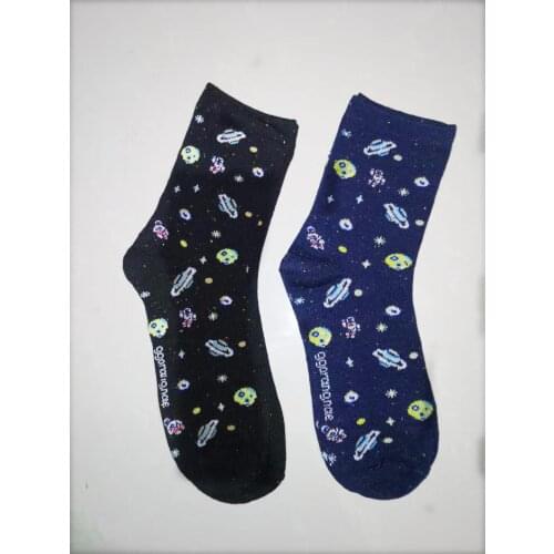 Women Cute Cartoon Space Socks Cotton Alien Planet Cotton Female Socks Girl Creative Funny Socks Black Blue Pattern Fun SOX