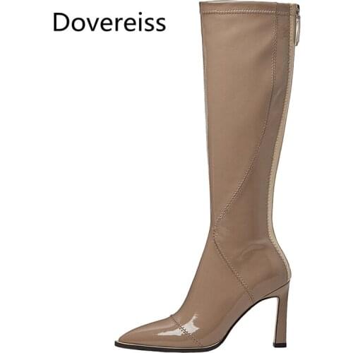 Dovereiss Fashion Womens Shoes Winter new Pointed toe brown white Elegant Sexy Knee high boots Zipper Concise Mature 33-41