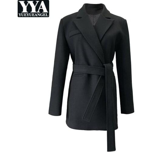 Korean Style Womens Thicken Warm Black Casual Suit Office Lady Pockets Notched Fashion Slim Adjustable Waist Elegant Suit Jacket