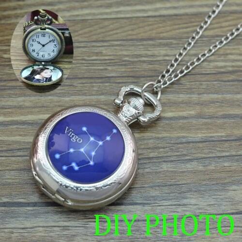 Twelve Zodiac Signs Pocket Watch Necklace 12 Constellations Necklace Jewelry SIlver pocket watch DIY personal photo Xmas present