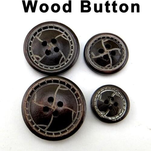 30PCS Deep Coffee Carving Wooden Ring Buttons 4 Holes Coat Button Garment Boots Sewing Fits MCB-038W