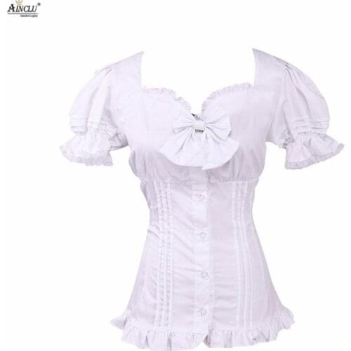 Ainclu Spring Autumn Cosplay Kawaii Shirt Cemavin Cotton Tops White Ruffle Puff Lace Sleeves Lolita Blouse With a Big Bow