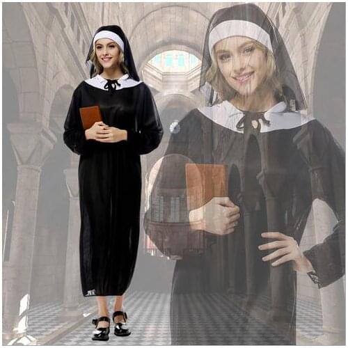 Free shipping Halloween Costumes Cosplay Nun Outfit Fantasy Sexy Black Slim Dress Nun Costume