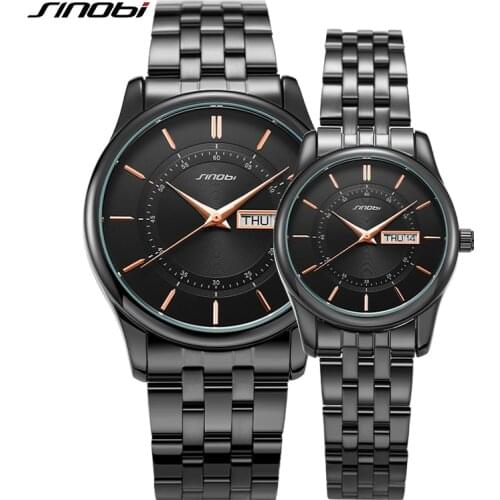 Sinobi Couple Watch With Calendar Black Bracelet Japanese Quartz Movement 6 Months Warranty Assistir Casal Anniversary Gift