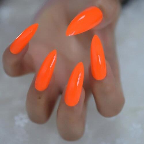 Pure Deep Orange Extra Long Sharp Stiletto False Nails Tips 24pcs Press On Stilettos Nails For Fingers Wear 1pc Glue Sticker