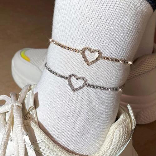 Flatfoosie 2021 New Hollow Heart Rhinestone Anklets for Women Beach Barefoot Sandals Crystal Tennis Chain Ankle Bracelet Jewelry