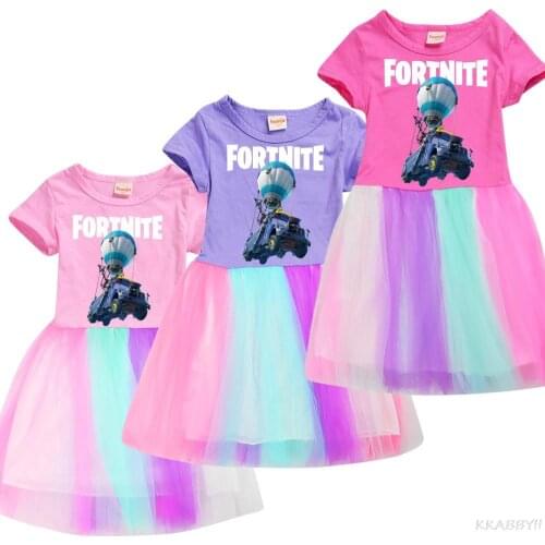 Fortnites New Summer Girls Cartoon Dress Cute Mesh Party Outfits Kids Clothing Suits